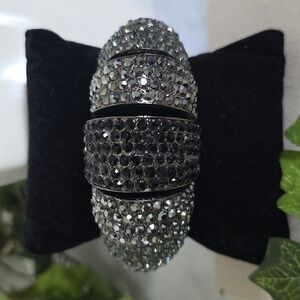 Vintahe Oxidized Silver Crystal Dome Clamper Hinge Bracelet